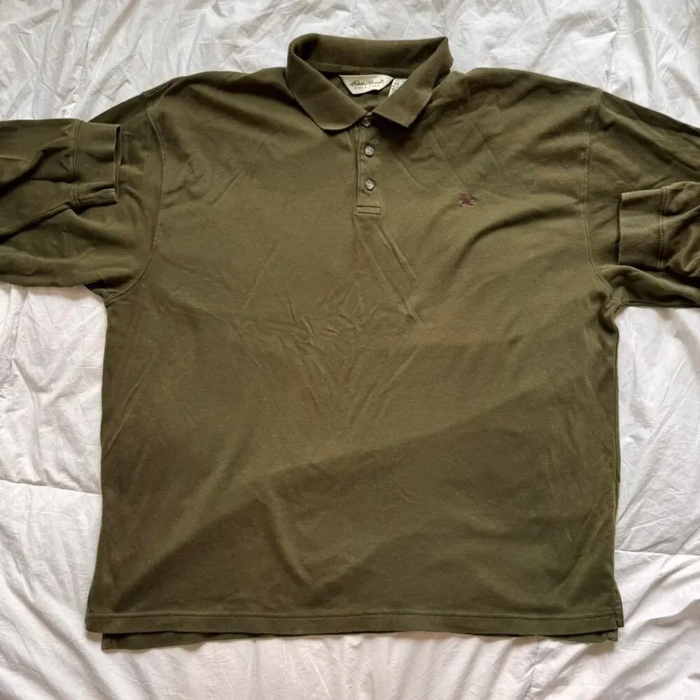 eddie Bauer Olive green soft long sleeve polo shirt  XXL grunge preppy‎ academia